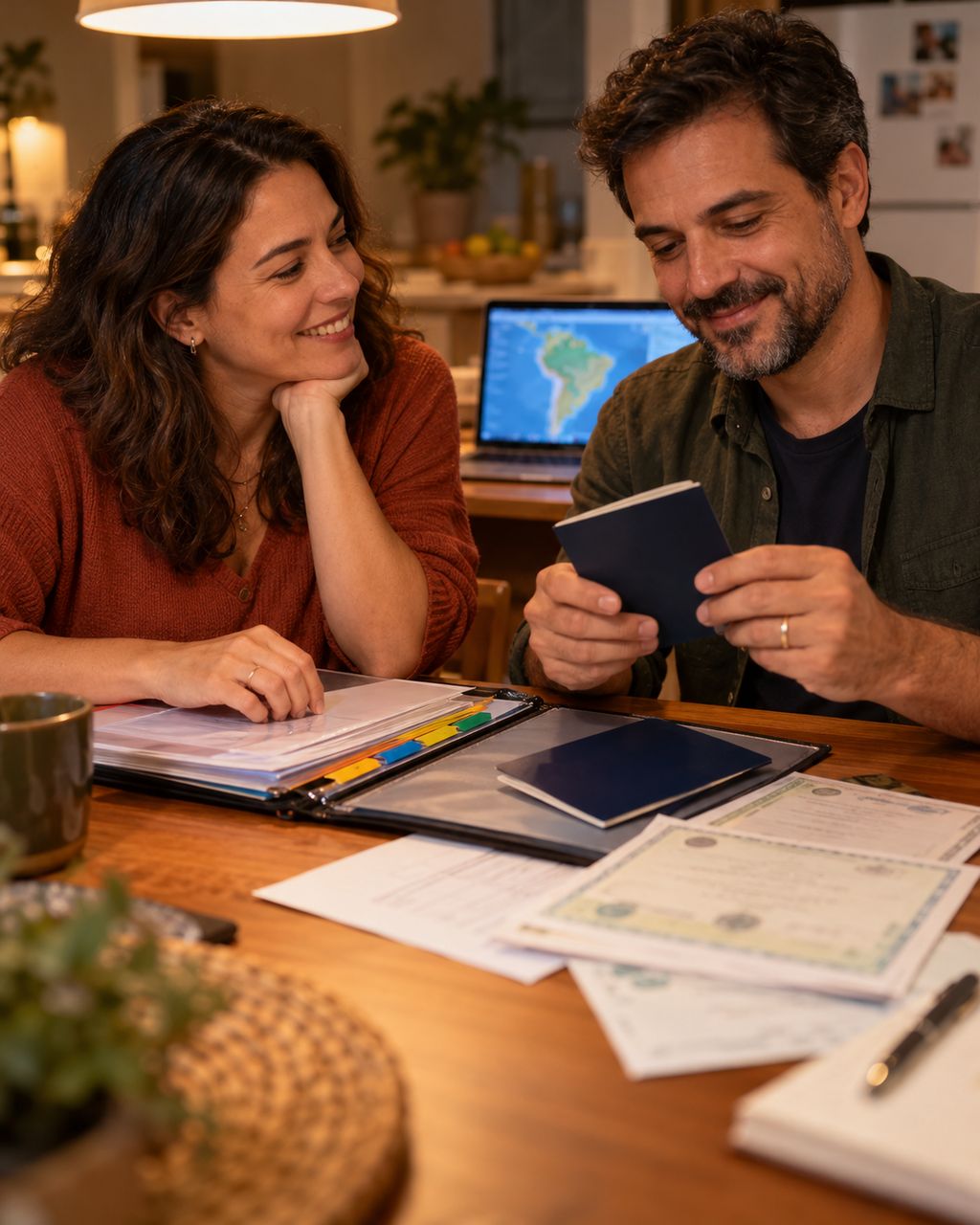 Casal brasileiro organizando passaportes e documentos para a mudança ao Paraguai