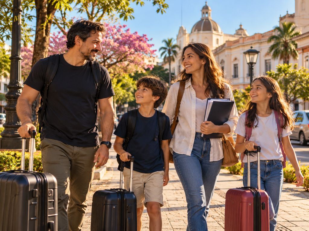 Família brasileira chegando a Assunção com malas, sorrindo