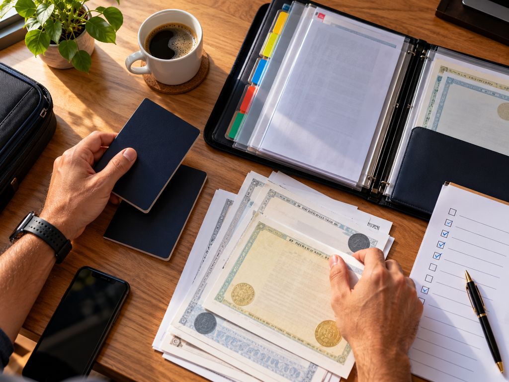 Mãos organizando passaporte, certidões e pasta de documentos sobre a mesa